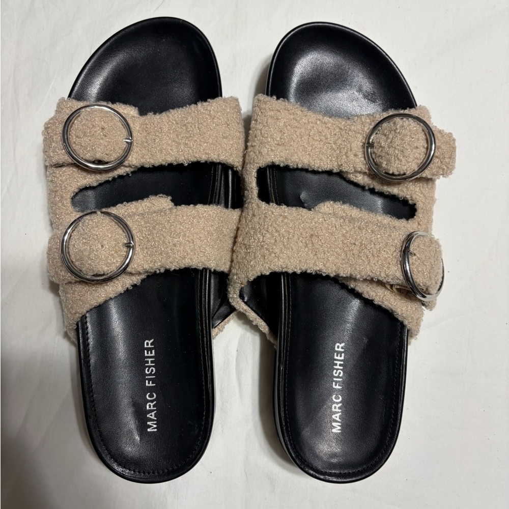 Marc Fisher Tan Shearling Double-Buckle Slide Sandals